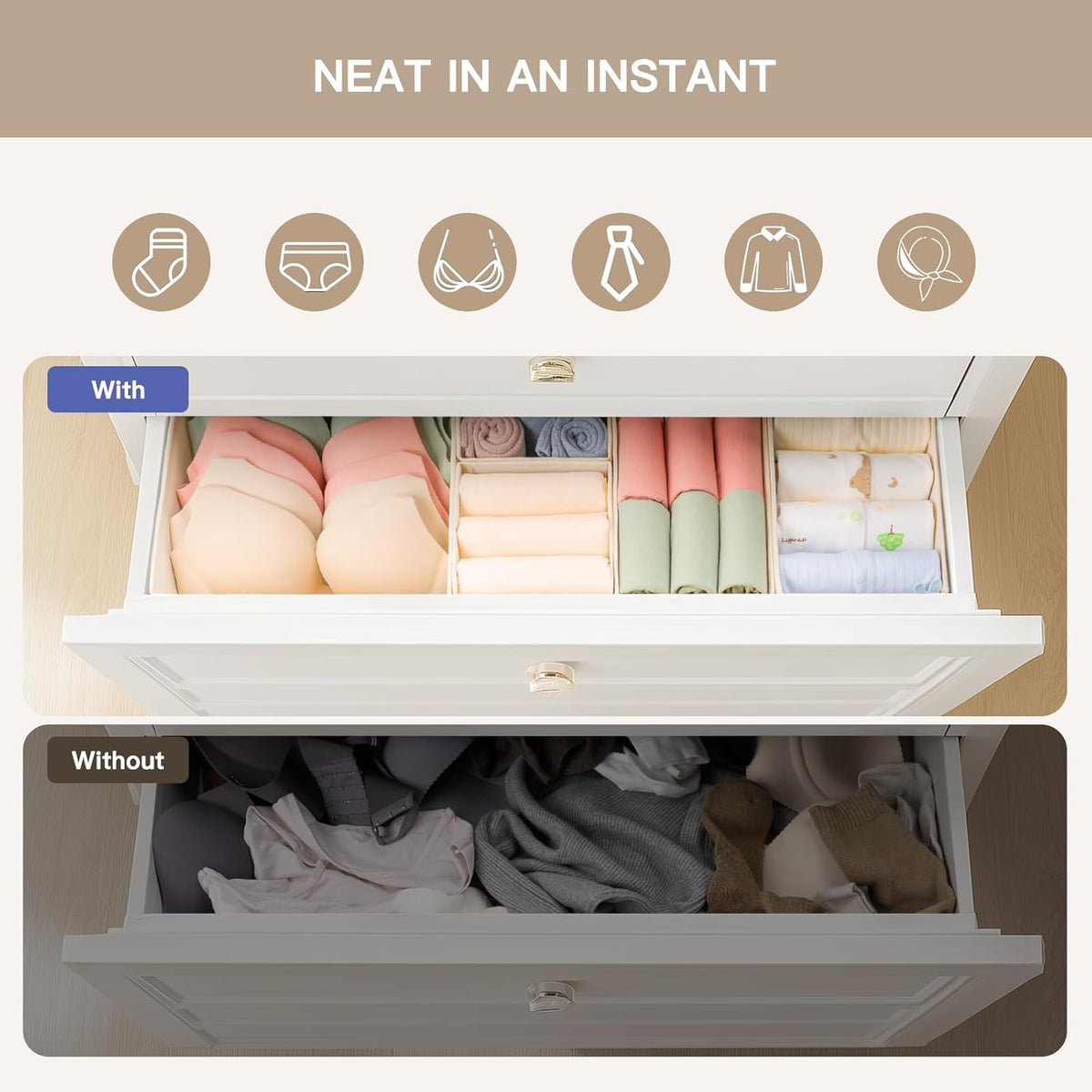 Drawer Organizer Clothes, Dresser Organizer for Baby Clothes, Underwear, Sock- Foldable Closet Organization and Storage Dividers Bins for Nursery, Bedroom (Beige)