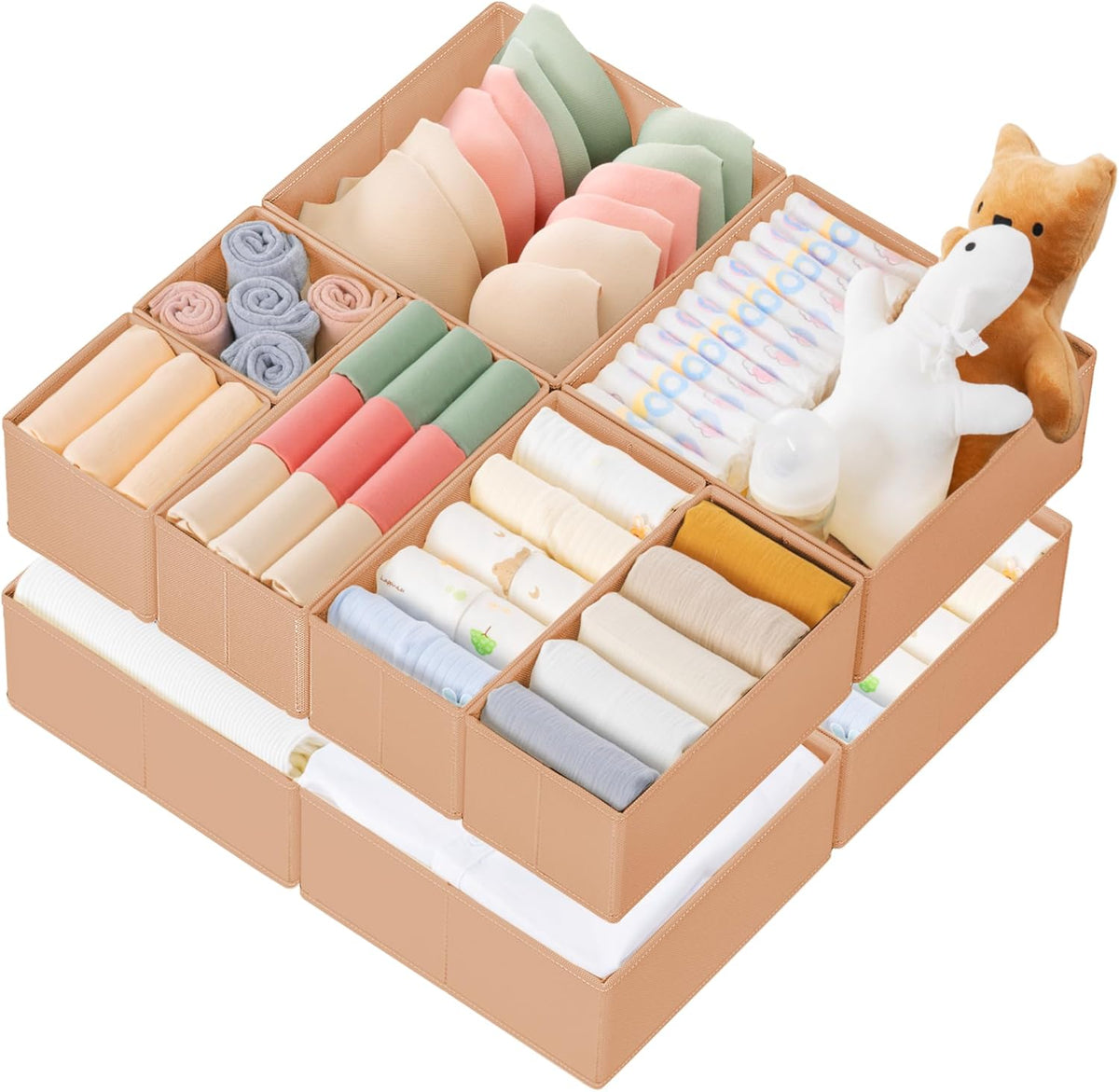 Drawer Organizer Clothes, Dresser Organizer for Baby Clothes, Underwear, Sock- Foldable Closet Organization and Storage Dividers Bins for Nursery, Bedroom (Beige)
