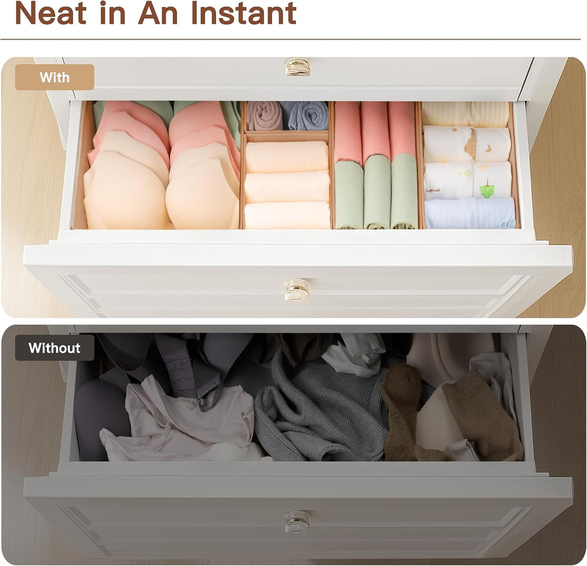 Drawer Organizer Clothes, Dresser Organizer for Baby Clothes, Underwear, Sock- Foldable Closet Organization and Storage Dividers Bins for Nursery, Bedroom (Beige)