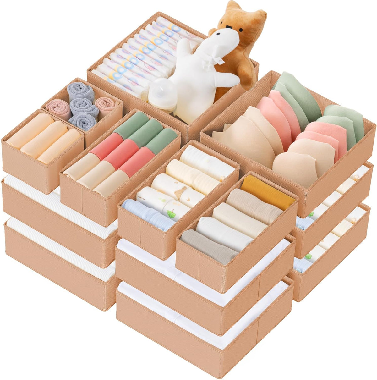 Drawer Organizer Clothes, Dresser Organizer for Baby Clothes, Underwear, Sock- Foldable Closet Organization and Storage Dividers Bins for Nursery, Bedroom (Beige)