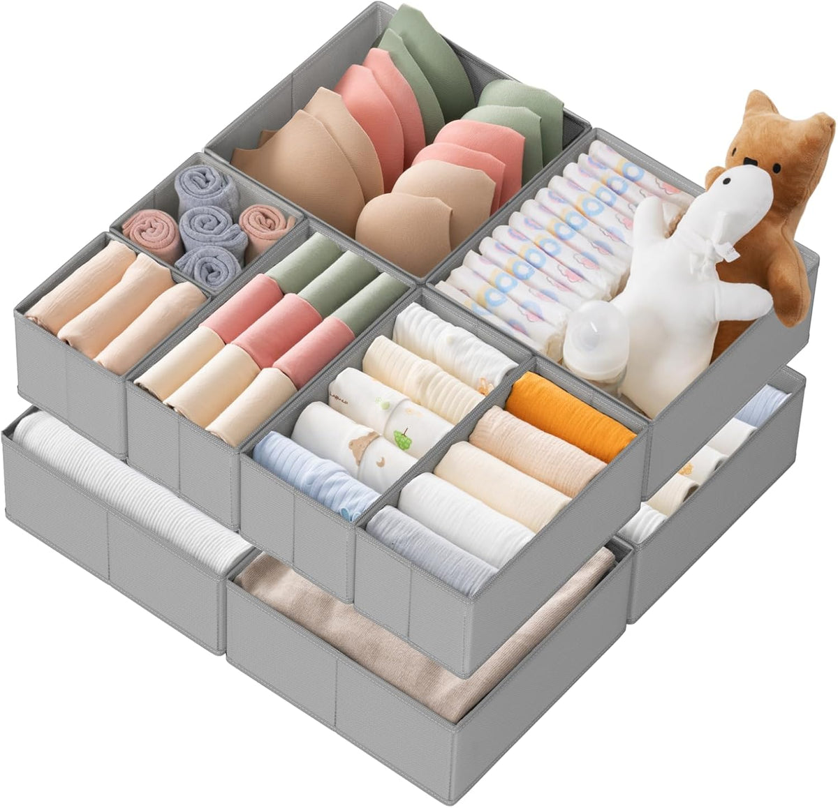Drawer Organizer Clothes, Dresser Organizer for Baby Clothes, Underwear, Sock- Foldable Closet Organization and Storage Dividers Bins for Nursery, Bedroom (Beige)
