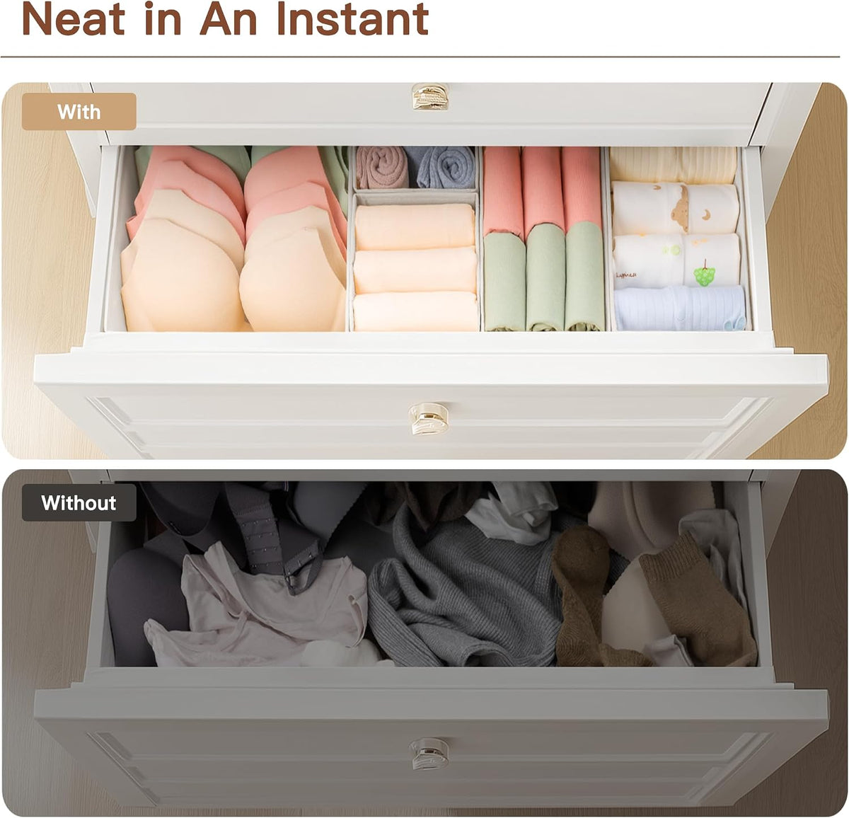 Drawer Organizer Clothes, Dresser Organizer for Baby Clothes, Underwear, Sock- Foldable Closet Organization and Storage Dividers Bins for Nursery, Bedroom (Beige)