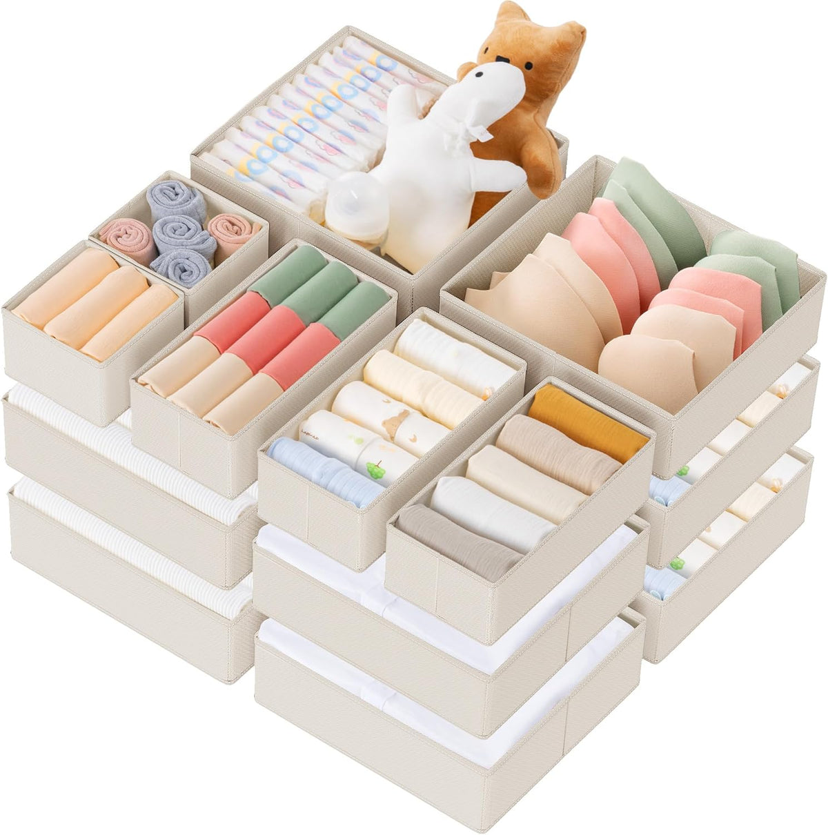 Drawer Organizer Clothes, Dresser Organizer for Baby Clothes, Underwear, Sock- Foldable Closet Organization and Storage Dividers Bins for Nursery, Bedroom (Beige)