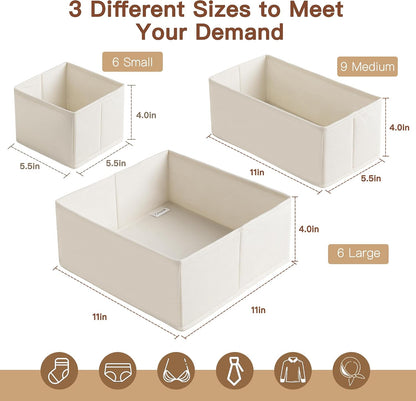 Drawer Organizer Clothes, Dresser Organizer for Baby Clothes, Underwear, Sock- Foldable Closet Organization and Storage Dividers Bins for Nursery, Bedroom (Beige)