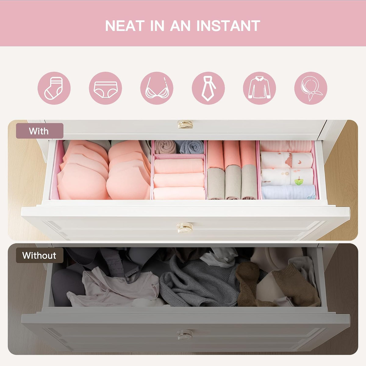 Drawer Organizer Clothes, Dresser Organizer for Baby Clothes, Underwear, Sock- Foldable Closet Organization and Storage Dividers Bins for Nursery, Bedroom (Beige)