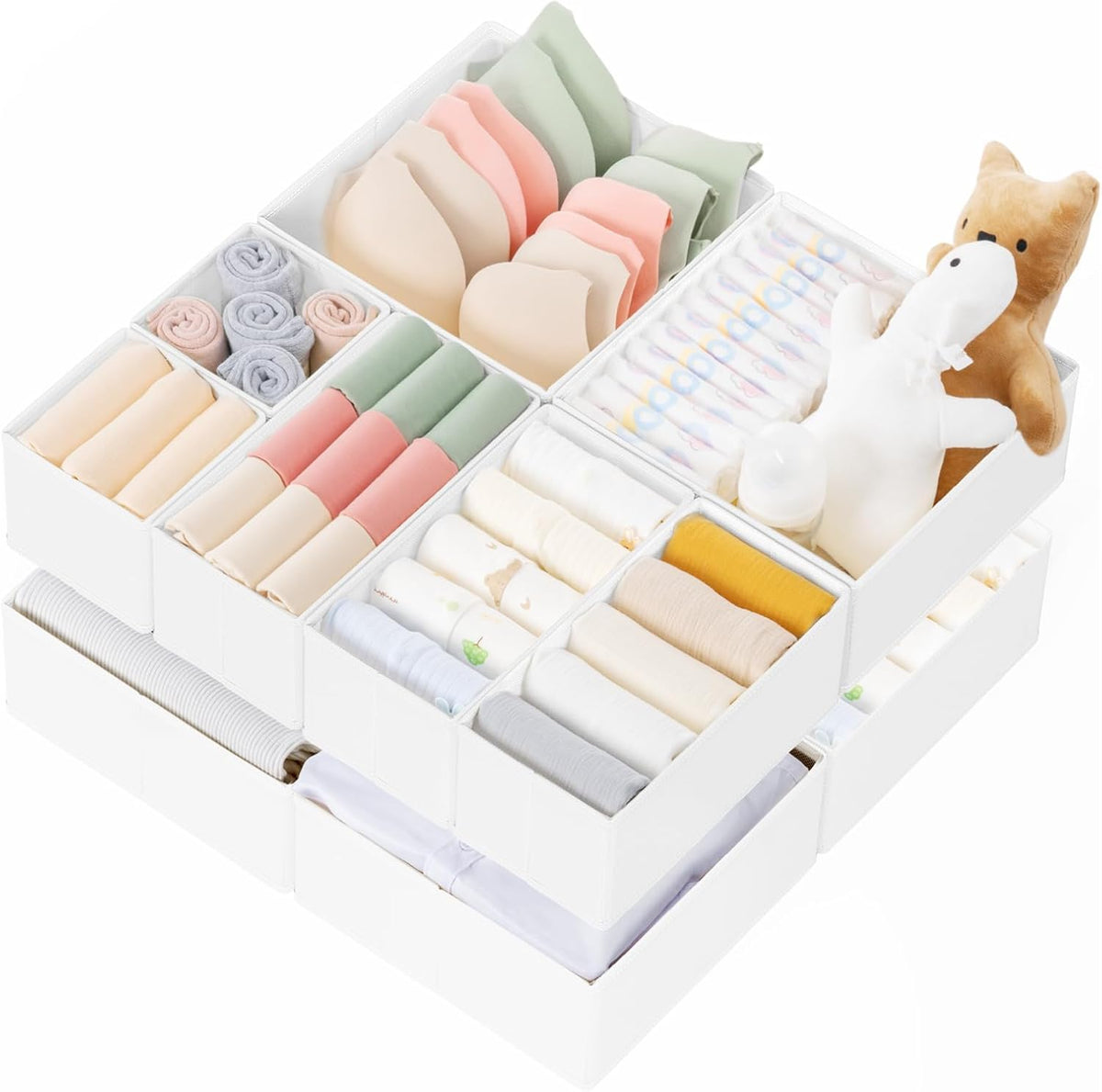 Drawer Organizer Clothes, Dresser Organizer for Baby Clothes, Underwear, Sock- Foldable Closet Organization and Storage Dividers Bins for Nursery, Bedroom (Beige)
