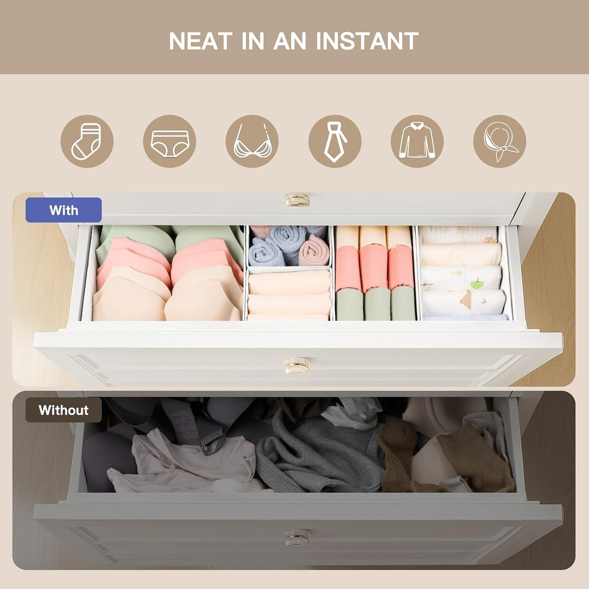 Drawer Organizer Clothes, Dresser Organizer for Baby Clothes, Underwear, Sock- Foldable Closet Organization and Storage Dividers Bins for Nursery, Bedroom (Beige)