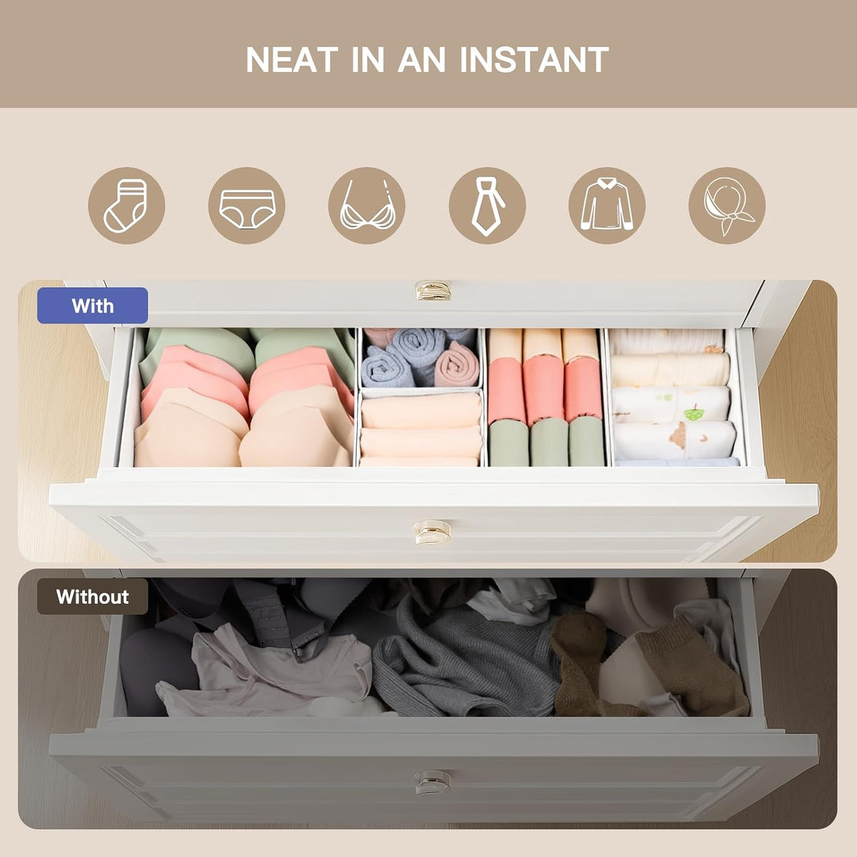 Drawer Organizer Clothes, Dresser Organizer for Baby Clothes, Underwear, Sock- Foldable Closet Organization and Storage Dividers Bins for Nursery, Bedroom (Beige)