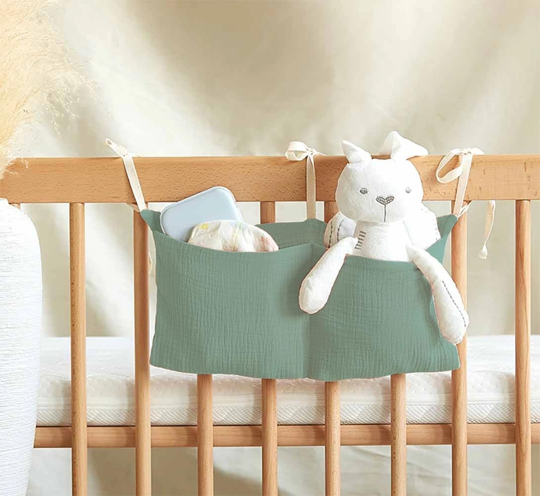 Cotton Baby Bedside Hanging Storage Bag,2 Pockets Organizer(Oatmeal)