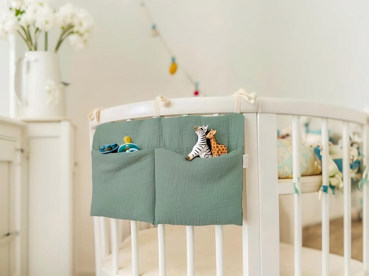 Cotton Baby Bedside Hanging Storage Bag,2 Pockets Organizer(Oatmeal)