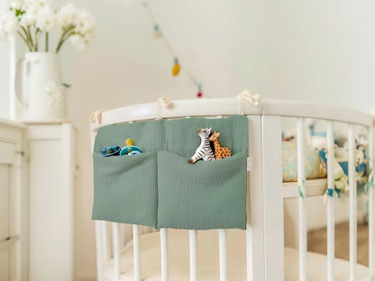 Cotton Baby Bedside Hanging Storage Bag,2 Pockets Organizer(Oatmeal)
