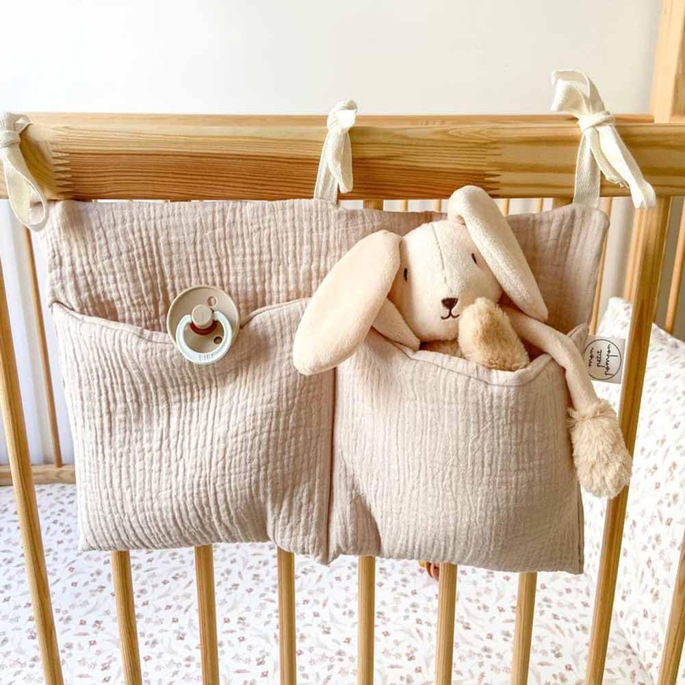 Cotton Baby Bedside Hanging Storage Bag,2 Pockets Organizer(Oatmeal)