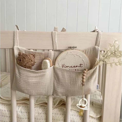 Cotton Baby Bedside Hanging Storage Bag,2 Pockets Organizer(Oatmeal)