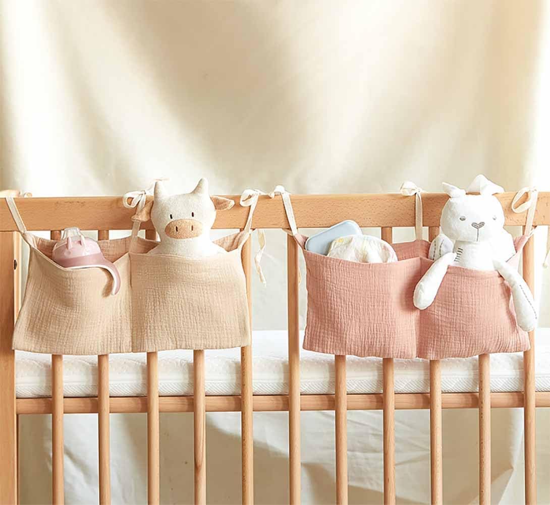 Cotton Baby Bedside Hanging Storage Bag,2 Pockets Organizer(Oatmeal)