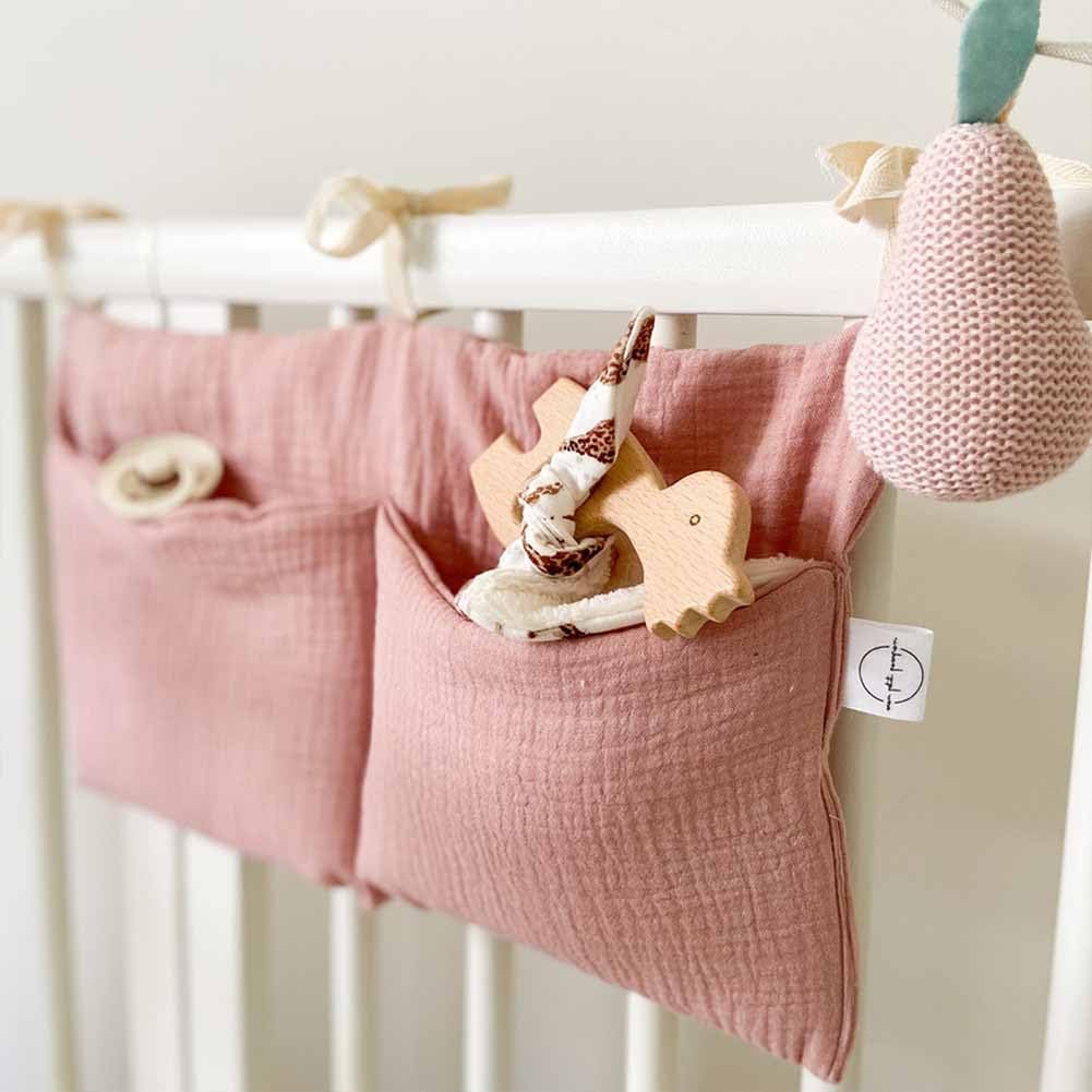 Cotton Baby Bedside Hanging Storage Bag,2 Pockets Organizer(Oatmeal)
