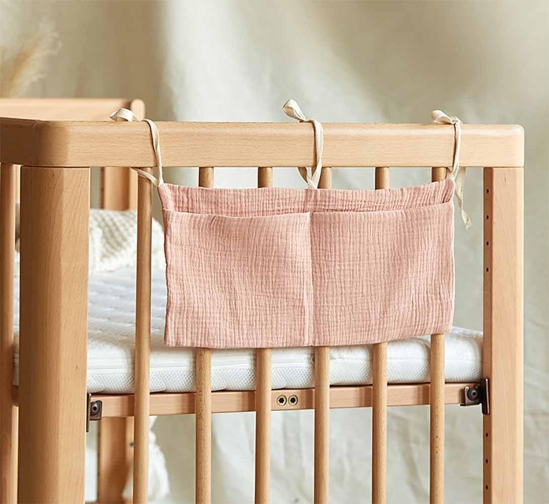Cotton Baby Bedside Hanging Storage Bag,2 Pockets Organizer(Oatmeal)