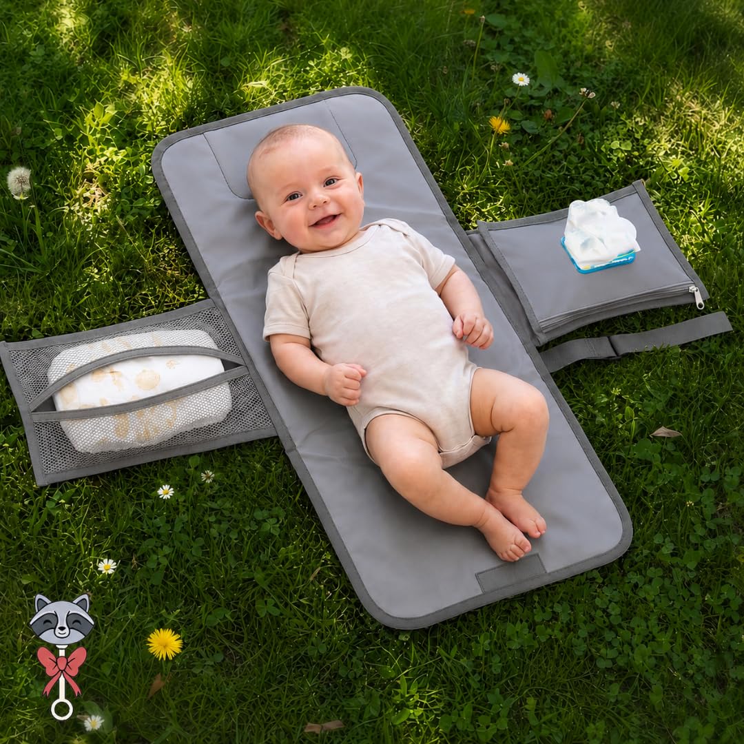Portable Diaper Changing Pad with Storage Pockets & Wipes Holder – Foldable Waterproof Travel Baby Changing Mat, Portable Changing Station with Built-in Cushion for Newborns & Toddlers