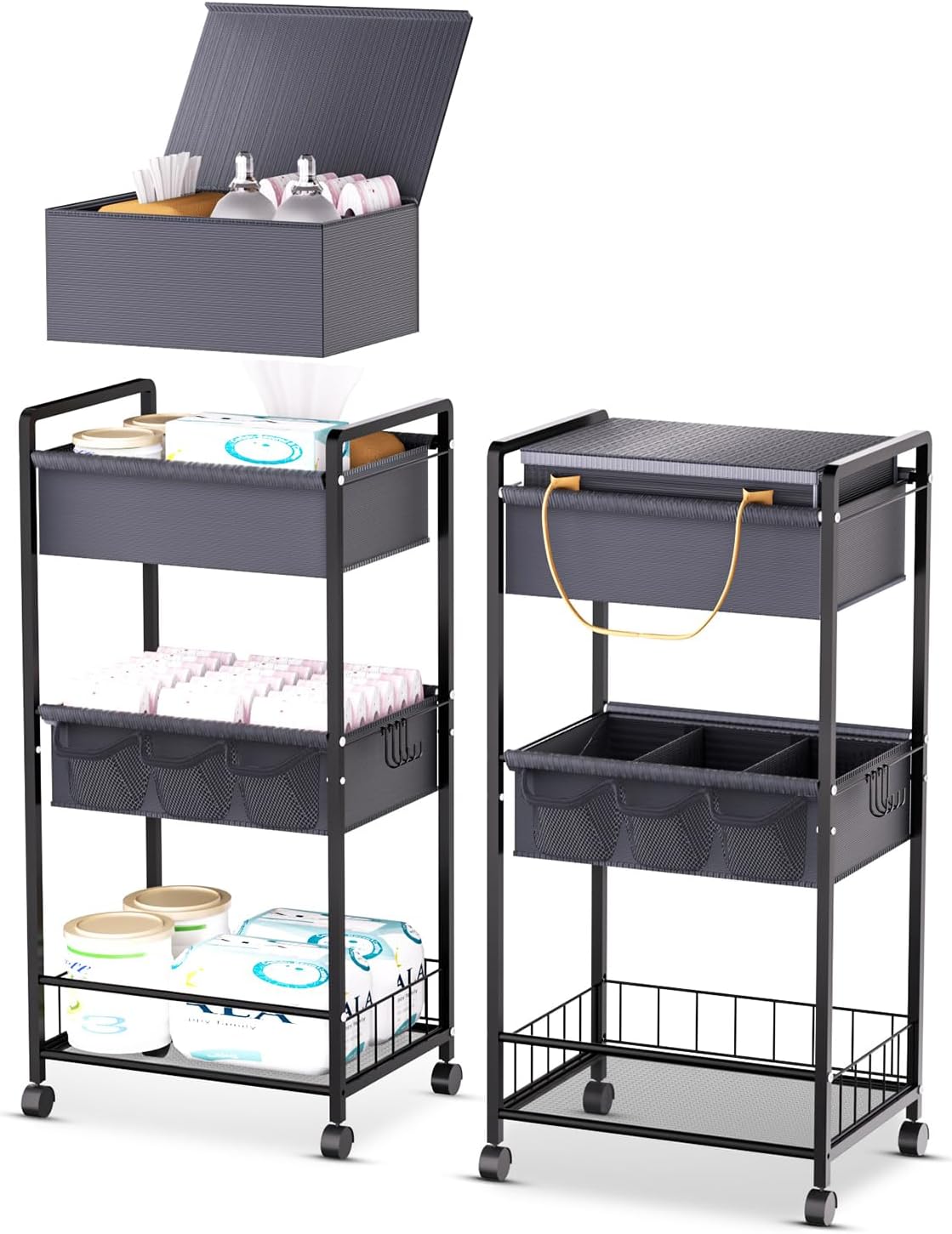 2IN1 Baby Diaper Caddy Organizer-3 Tier Rolling Storage Cart with Dividers