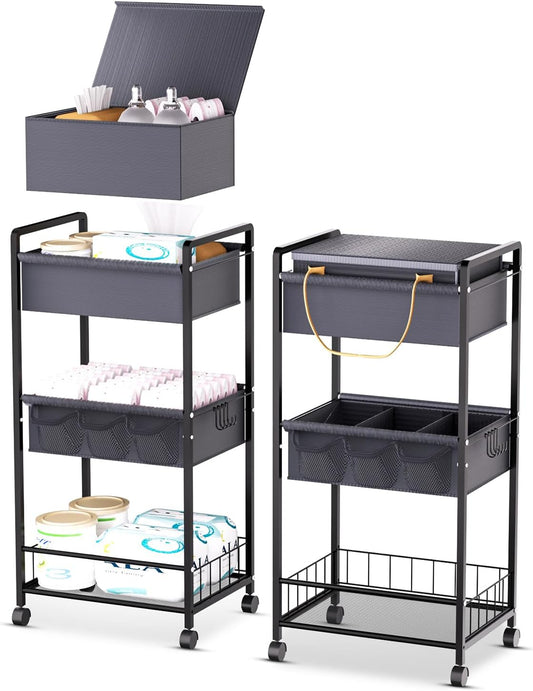 2IN1 Baby Diaper Caddy Organizer-3 Tier Rolling Storage Cart with Dividers