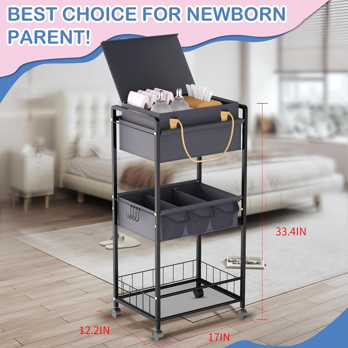 2IN1 Baby Diaper Caddy Organizer-3 Tier Rolling Storage Cart with Dividers