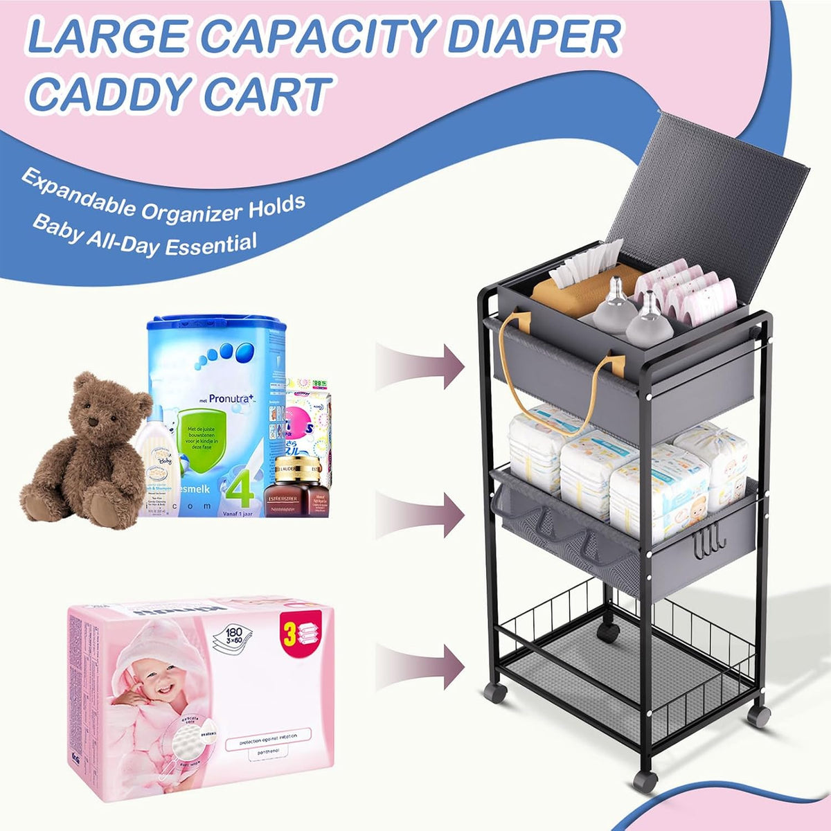 2IN1 Baby Diaper Caddy Organizer-3 Tier Rolling Storage Cart with Dividers