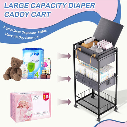 2IN1 Baby Diaper Caddy Organizer-3 Tier Rolling Storage Cart with Dividers