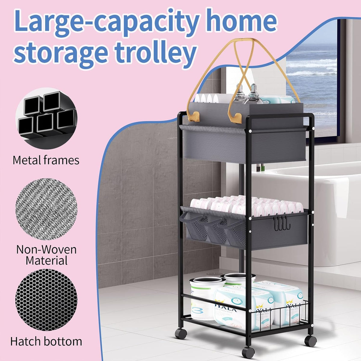 2IN1 Baby Diaper Caddy Organizer-3 Tier Rolling Storage Cart with Dividers