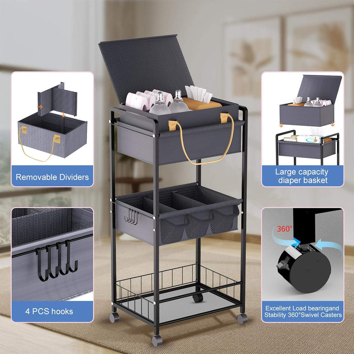 2IN1 Baby Diaper Caddy Organizer-3 Tier Rolling Storage Cart with Dividers