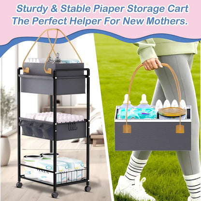 2IN1 Baby Diaper Caddy Organizer-3 Tier Rolling Storage Cart with Dividers