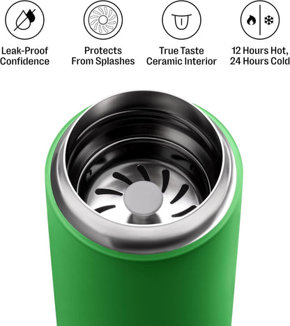 Carter Move Ceramic Lined Travel Coffee Mug 16 oz - Leak-Proof Lid | No Metallic Taste, Dishwasher Safe, Hot 12Hr Cold 24Hr, Stainless Steel Tumbler, BPA-Free, Fits Cup Holders, Sporty Green