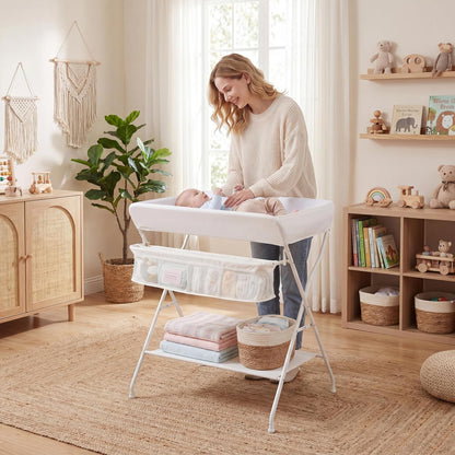 Changing Table, Folding Mobile Diaper Nursery Organizer w/Wheel, 3 Adjustable Heights, Storage Bag & Open Shelf, Water Basin, Portable Baby Changing Station for Newborn Infant(Green)