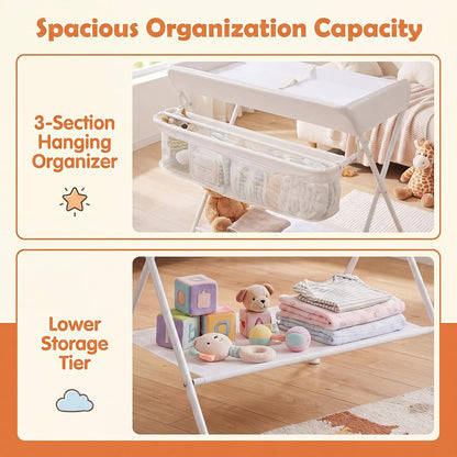 Changing Table, Folding Mobile Diaper Nursery Organizer w/Wheel, 3 Adjustable Heights, Storage Bag & Open Shelf, Water Basin, Portable Baby Changing Station for Newborn Infant(Green)