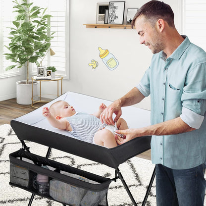 Changing Table, Folding Mobile Diaper Nursery Organizer w/Wheel, 3 Adjustable Heights, Storage Bag & Open Shelf, Water Basin, Portable Baby Changing Station for Newborn Infant(Green)