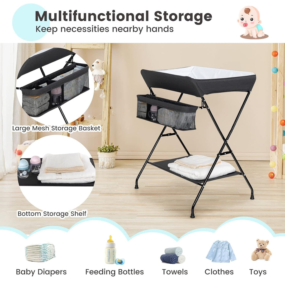 Changing Table, Folding Mobile Diaper Nursery Organizer w/Wheel, 3 Adjustable Heights, Storage Bag & Open Shelf, Water Basin, Portable Baby Changing Station for Newborn Infant(Green)
