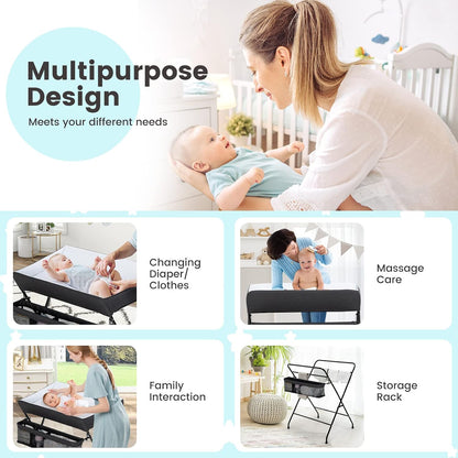 Changing Table, Folding Mobile Diaper Nursery Organizer w/Wheel, 3 Adjustable Heights, Storage Bag & Open Shelf, Water Basin, Portable Baby Changing Station for Newborn Infant(Green)