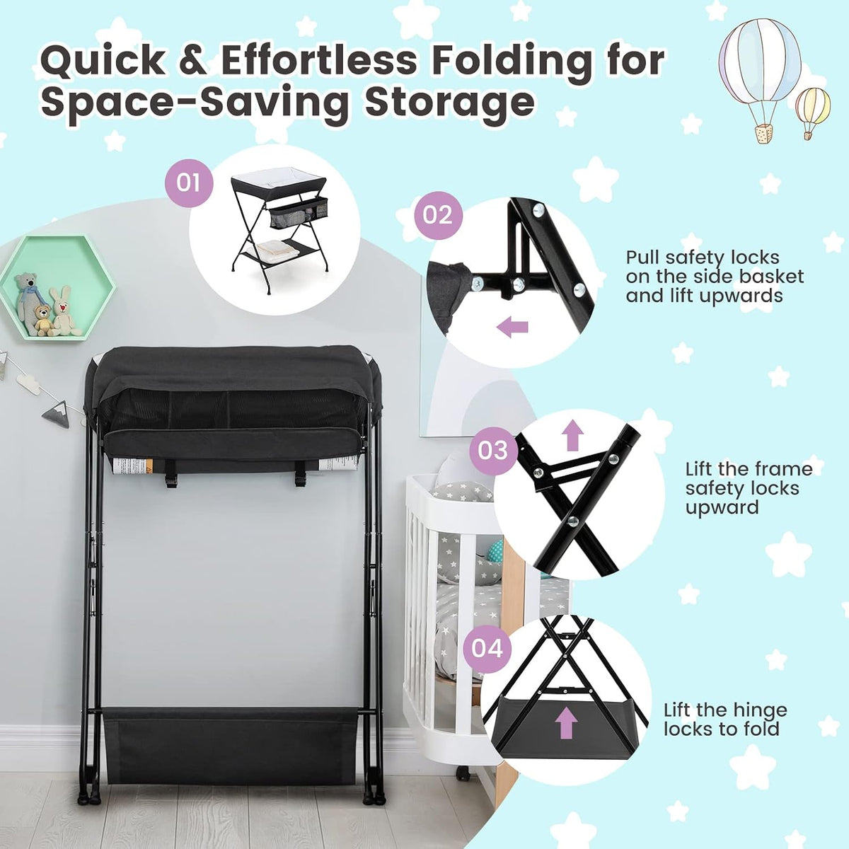 Changing Table, Folding Mobile Diaper Nursery Organizer w/Wheel, 3 Adjustable Heights, Storage Bag & Open Shelf, Water Basin, Portable Baby Changing Station for Newborn Infant(Green)