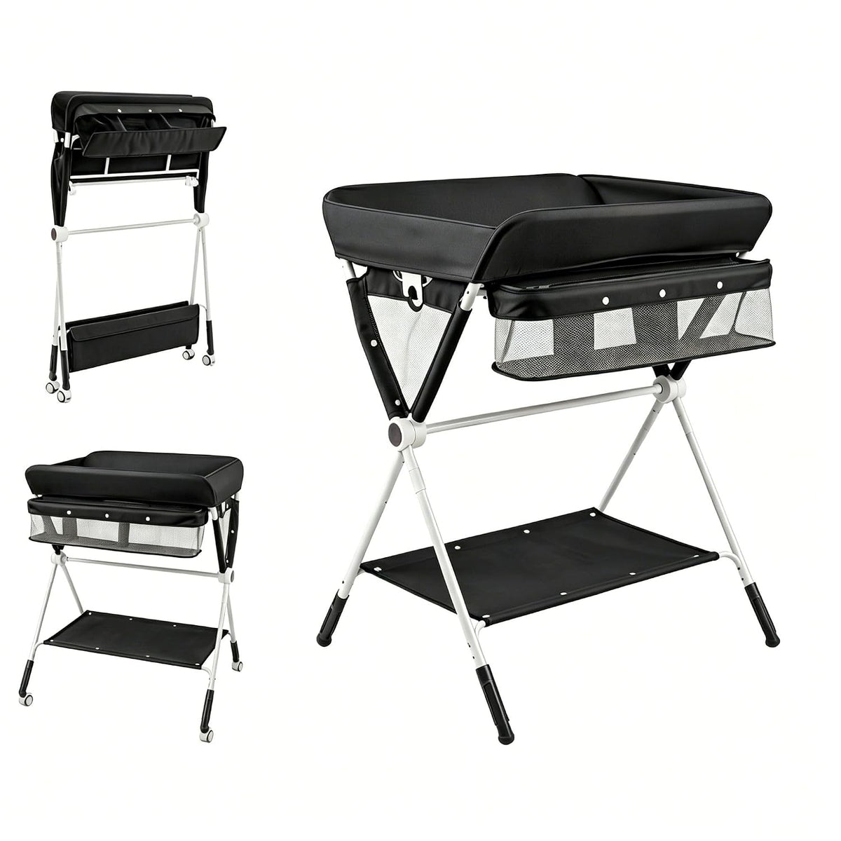 Changing Table, Folding Mobile Diaper Nursery Organizer w/Wheel, 3 Adjustable Heights, Storage Bag & Open Shelf, Water Basin, Portable Baby Changing Station for Newborn Infant(Green)
