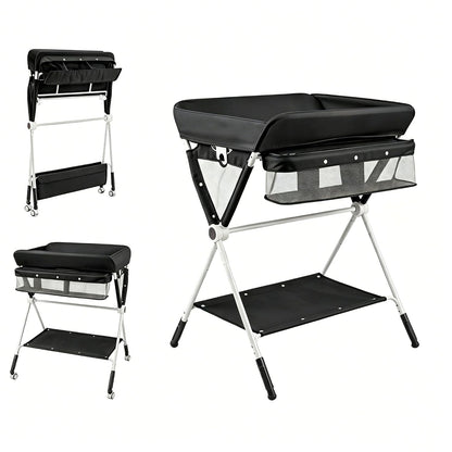 Changing Table, Folding Mobile Diaper Nursery Organizer w/Wheel, 3 Adjustable Heights, Storage Bag & Open Shelf, Water Basin, Portable Baby Changing Station for Newborn Infant(Green)
