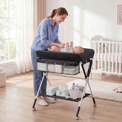 Changing Table, Folding Mobile Diaper Nursery Organizer w/Wheel, 3 Adjustable Heights, Storage Bag & Open Shelf, Water Basin, Portable Baby Changing Station for Newborn Infant(Green)
