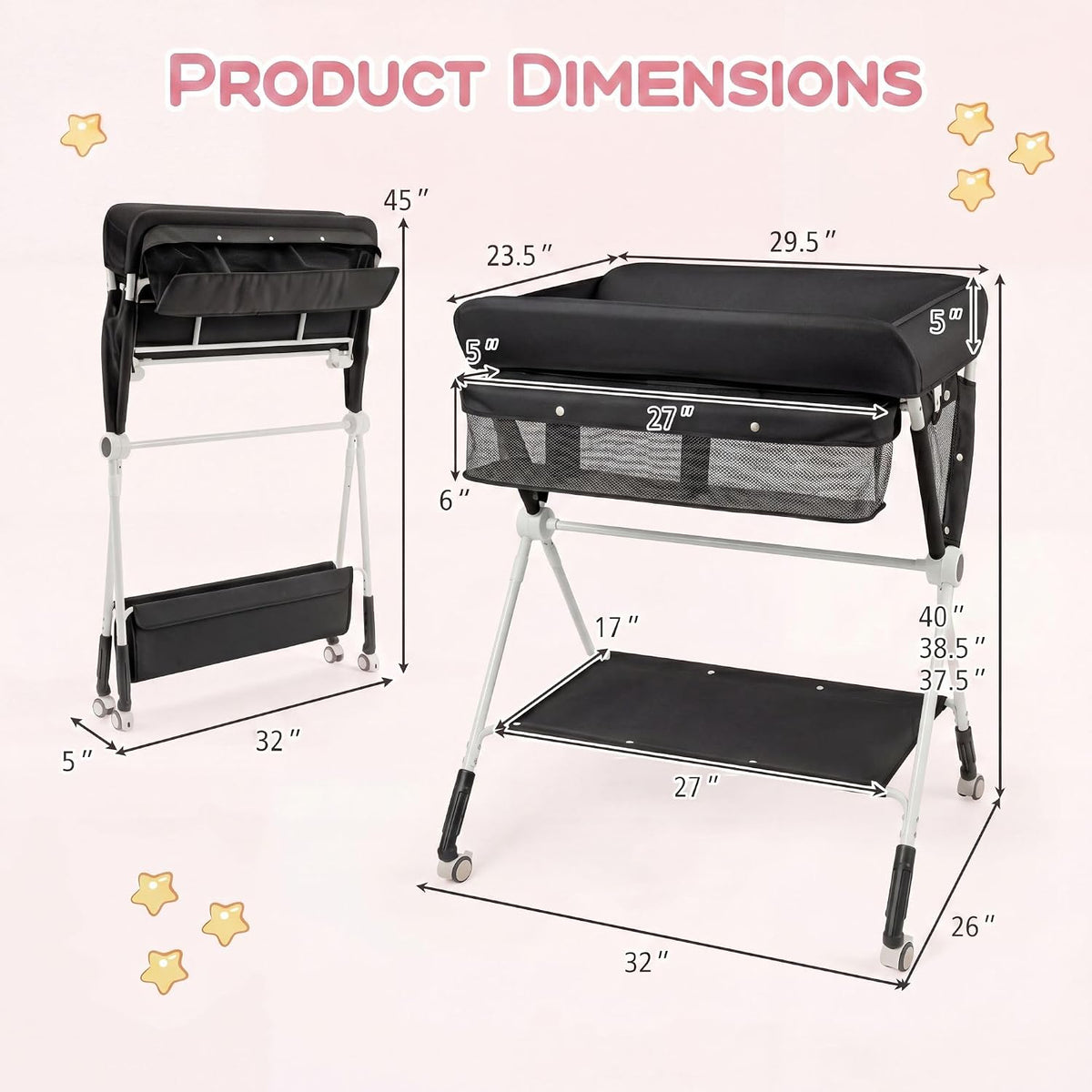 Changing Table, Folding Mobile Diaper Nursery Organizer w/Wheel, 3 Adjustable Heights, Storage Bag & Open Shelf, Water Basin, Portable Baby Changing Station for Newborn Infant(Green)