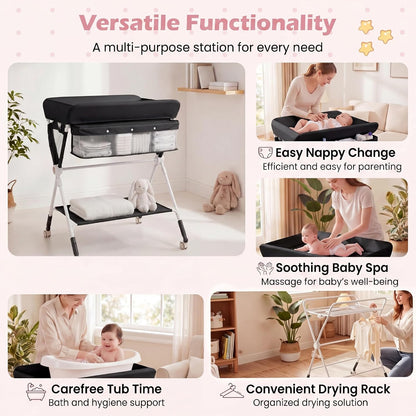Changing Table, Folding Mobile Diaper Nursery Organizer w/Wheel, 3 Adjustable Heights, Storage Bag & Open Shelf, Water Basin, Portable Baby Changing Station for Newborn Infant(Green)
