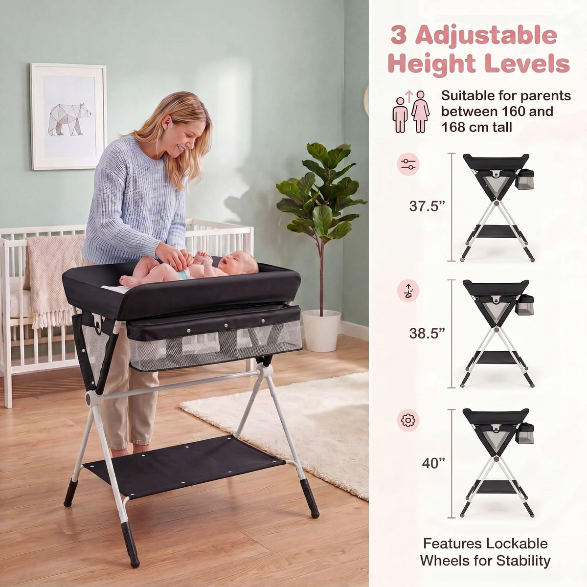 Changing Table, Folding Mobile Diaper Nursery Organizer w/Wheel, 3 Adjustable Heights, Storage Bag & Open Shelf, Water Basin, Portable Baby Changing Station for Newborn Infant(Green)