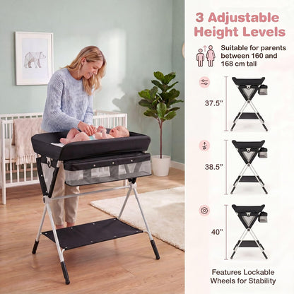 Changing Table, Folding Mobile Diaper Nursery Organizer w/Wheel, 3 Adjustable Heights, Storage Bag & Open Shelf, Water Basin, Portable Baby Changing Station for Newborn Infant(Green)