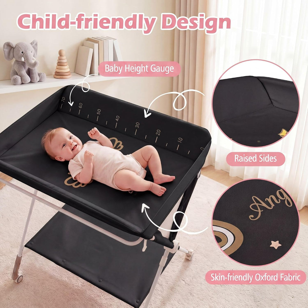 Changing Table, Folding Mobile Diaper Nursery Organizer w/Wheel, 3 Adjustable Heights, Storage Bag & Open Shelf, Water Basin, Portable Baby Changing Station for Newborn Infant(Green)