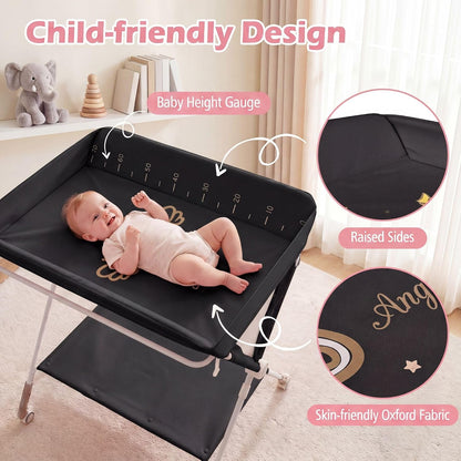 Changing Table, Folding Mobile Diaper Nursery Organizer w/Wheel, 3 Adjustable Heights, Storage Bag & Open Shelf, Water Basin, Portable Baby Changing Station for Newborn Infant(Green)