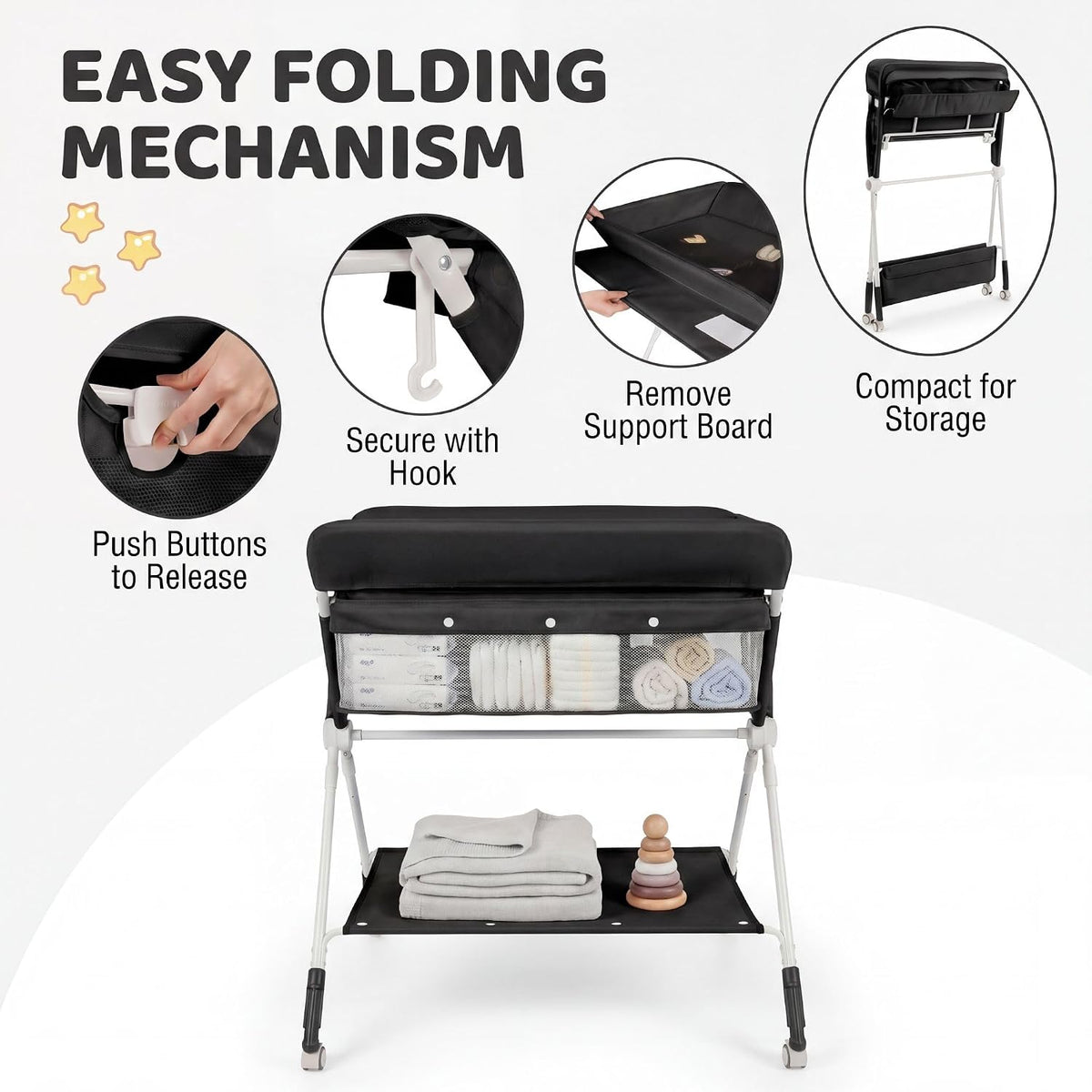 Changing Table, Folding Mobile Diaper Nursery Organizer w/Wheel, 3 Adjustable Heights, Storage Bag & Open Shelf, Water Basin, Portable Baby Changing Station for Newborn Infant(Green)