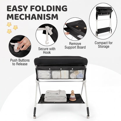 Changing Table, Folding Mobile Diaper Nursery Organizer w/Wheel, 3 Adjustable Heights, Storage Bag & Open Shelf, Water Basin, Portable Baby Changing Station for Newborn Infant(Green)