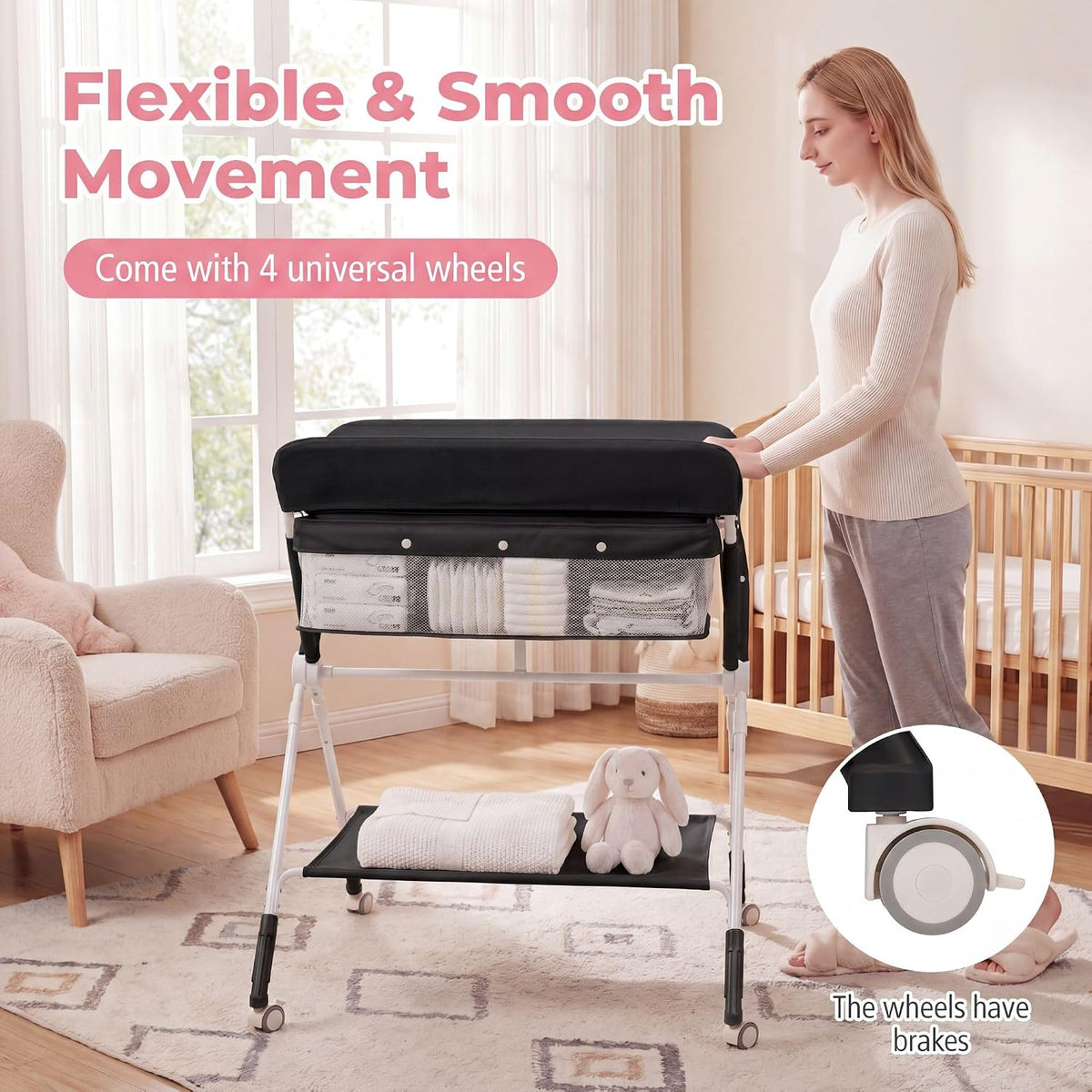 Changing Table, Folding Mobile Diaper Nursery Organizer w/Wheel, 3 Adjustable Heights, Storage Bag & Open Shelf, Water Basin, Portable Baby Changing Station for Newborn Infant(Green)