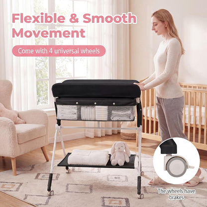 Changing Table, Folding Mobile Diaper Nursery Organizer w/Wheel, 3 Adjustable Heights, Storage Bag & Open Shelf, Water Basin, Portable Baby Changing Station for Newborn Infant(Green)