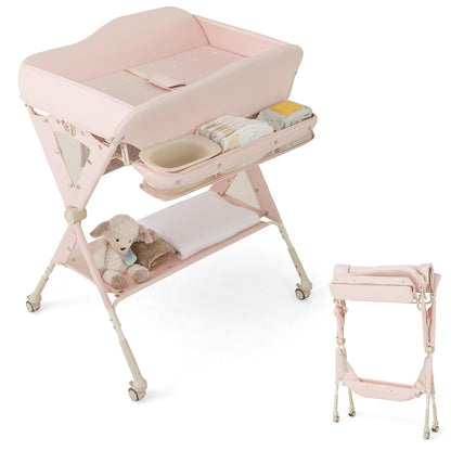 Changing Table, Folding Mobile Diaper Nursery Organizer w/Wheel, 3 Adjustable Heights, Storage Bag & Open Shelf, Water Basin, Portable Baby Changing Station for Newborn Infant(Green)
